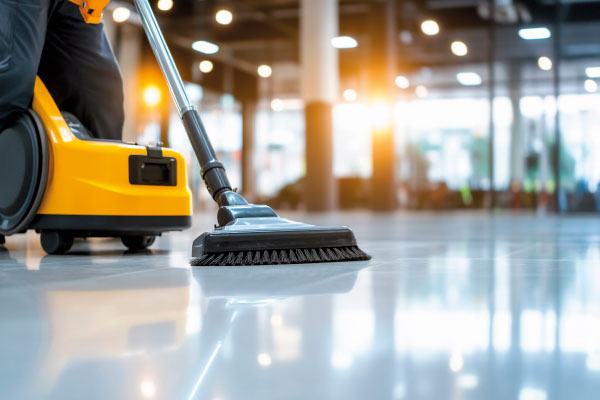 Reinigungskraft säubert Empfangshalle – gepflegte Eingangsbereiche für Einzelhandel und Gewerbeflächen
