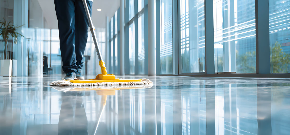 Reinigungskraft säubert Empfangstresen in Bürogebäude – gepflegte Eingangsbereiche für Unternehmen, Praxen und Einzelhandel