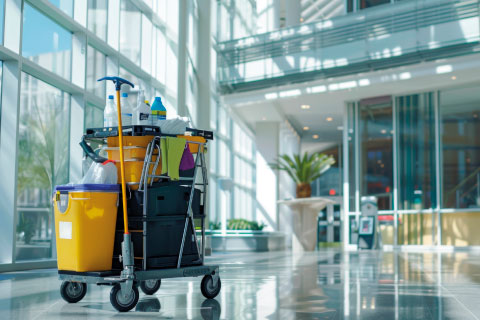 Reinigungswagen steht bereit in einem modernen Bürokomplex – Grund- und Sonderreinigung durch SMG