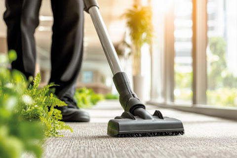 Reinigungskraft saugt und reinigt einen Teppich – Spezialpflege durch SMG für textile Bodenbeläge