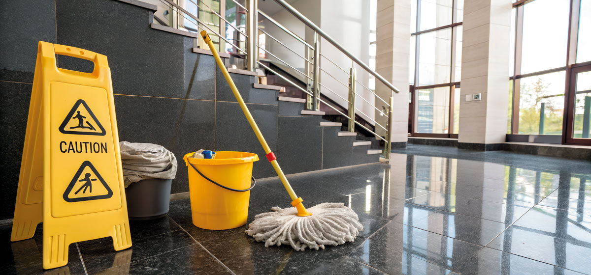 Sauber gereinigte Fliesenböden in Empfangshalle und Treppenhaus – Tiefenreinigung für gewerbliche Gebäude