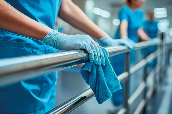 Sauber gereinigter Flur mit Edelstahlgeländer – Tiefenreinigung für stark frequentierte Bereiche