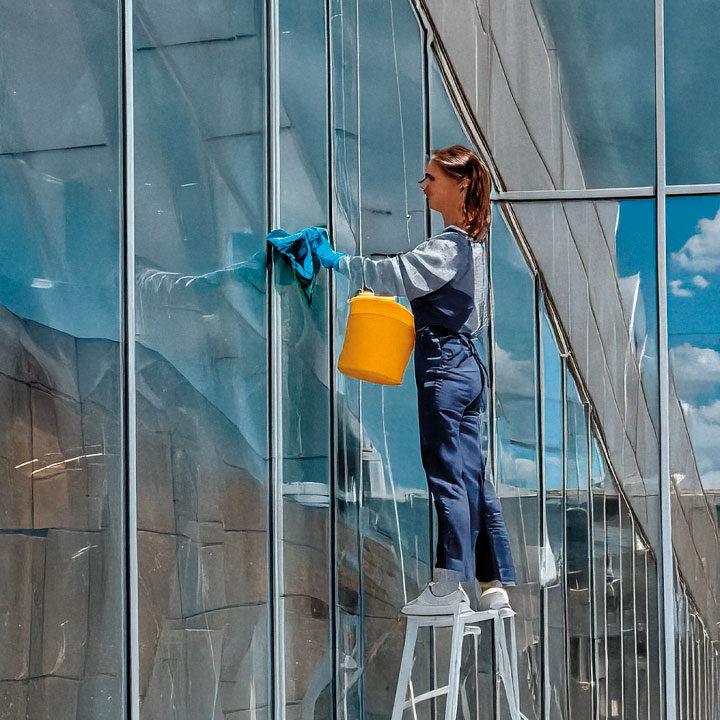 Glas- und Fassadenreinigung in Berlin – Frau reinigt Fensterfassade für klare Sicht und gepflegte Außenflächen