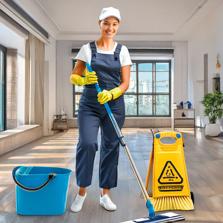 Grundreinigung auf Steinboden – Frau reinigt gründlich und desinfizierend sensible Bereiche in Berliner Gebäuden