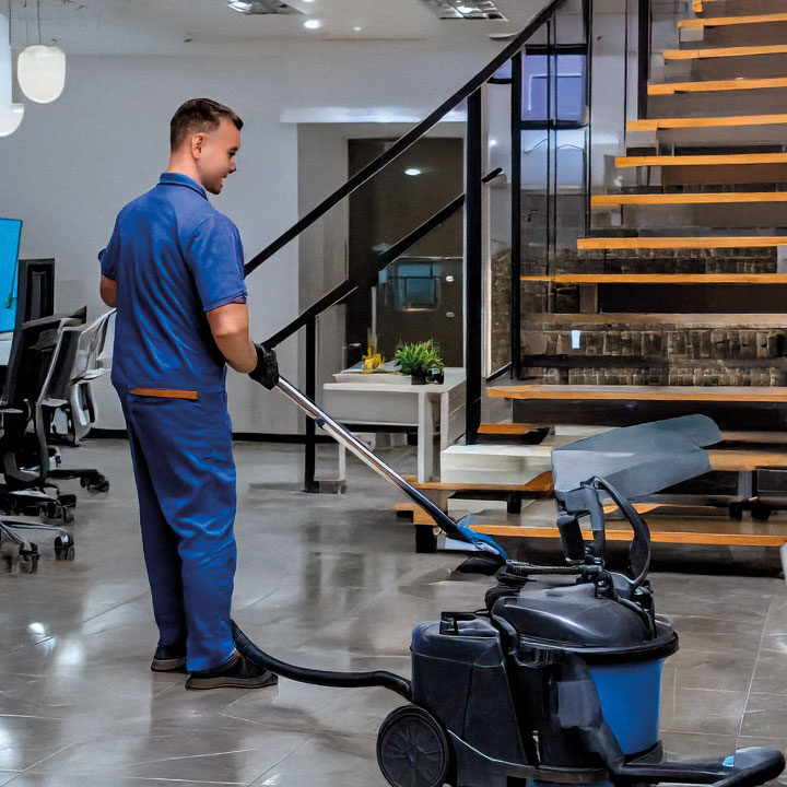 Büroreinigung in Berlin – Person reinigt Boden mit Maschine für hygienische und produktive Arbeitsumgebungen
